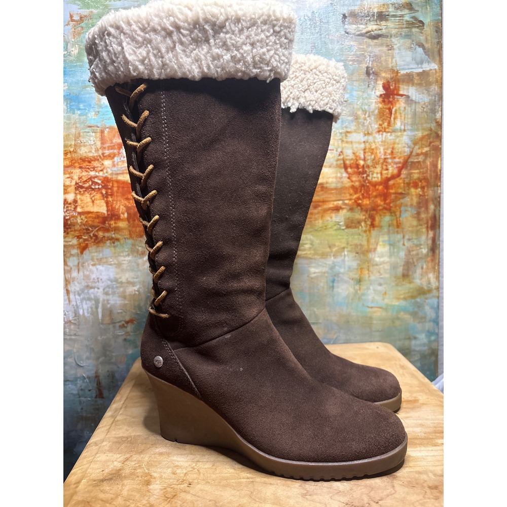 UGG Australia Felicity Chocolate Brown Suede Shearling Wedge Tall Boots Womens 8